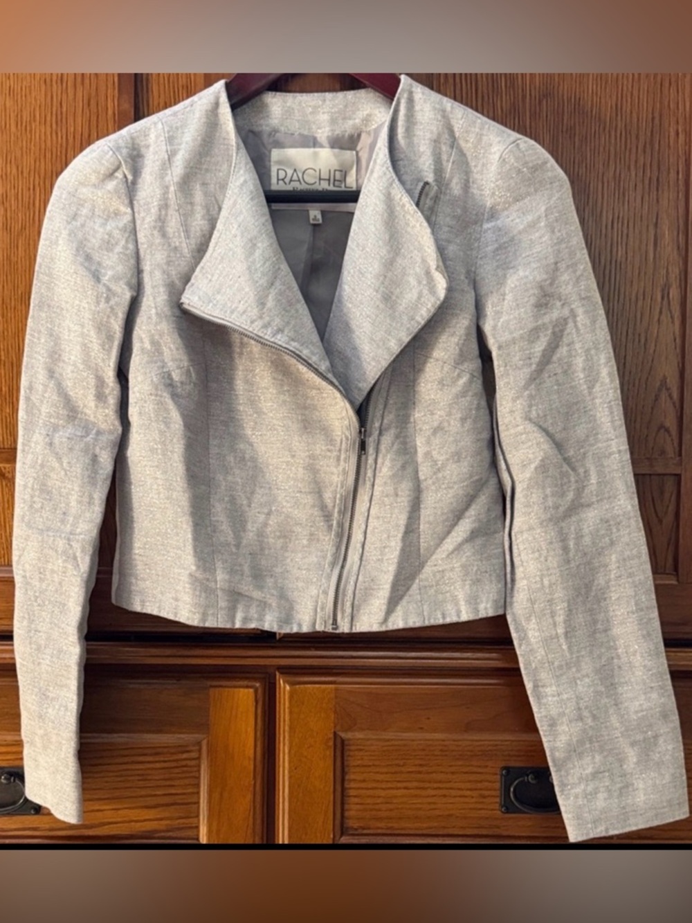 Rachel Roy Asymmetrical Zip Metallic Silver Moto Crop Blazer Jacket Edgy Shimmer